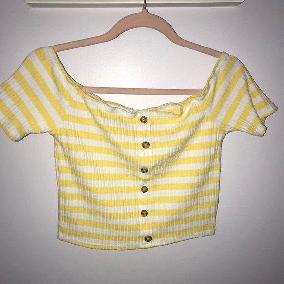 Ardene Tops - Yellow and White Striped Off-The-Shoulder Crop Top